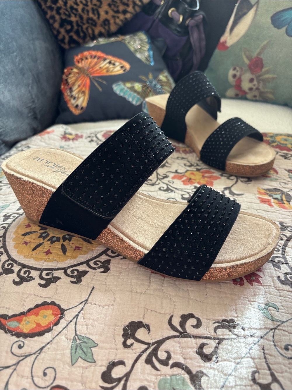 Cork Wedge Black Rhinestone Covered Double Strap Slide Sandals Size 11M - Picture 15 of 16
